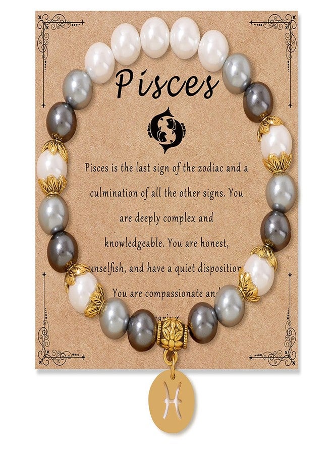 GLMOCM Zodiac Signs Spirit Bracelet Zodiac Bracelet for Women Men Adjustable 12 Constellation Bracelet White and Grey Pearl Beaded Stretch Bracelet Constellation Charm Bracelet Birthday Jewelry Gifts (Pisces) - Image 1